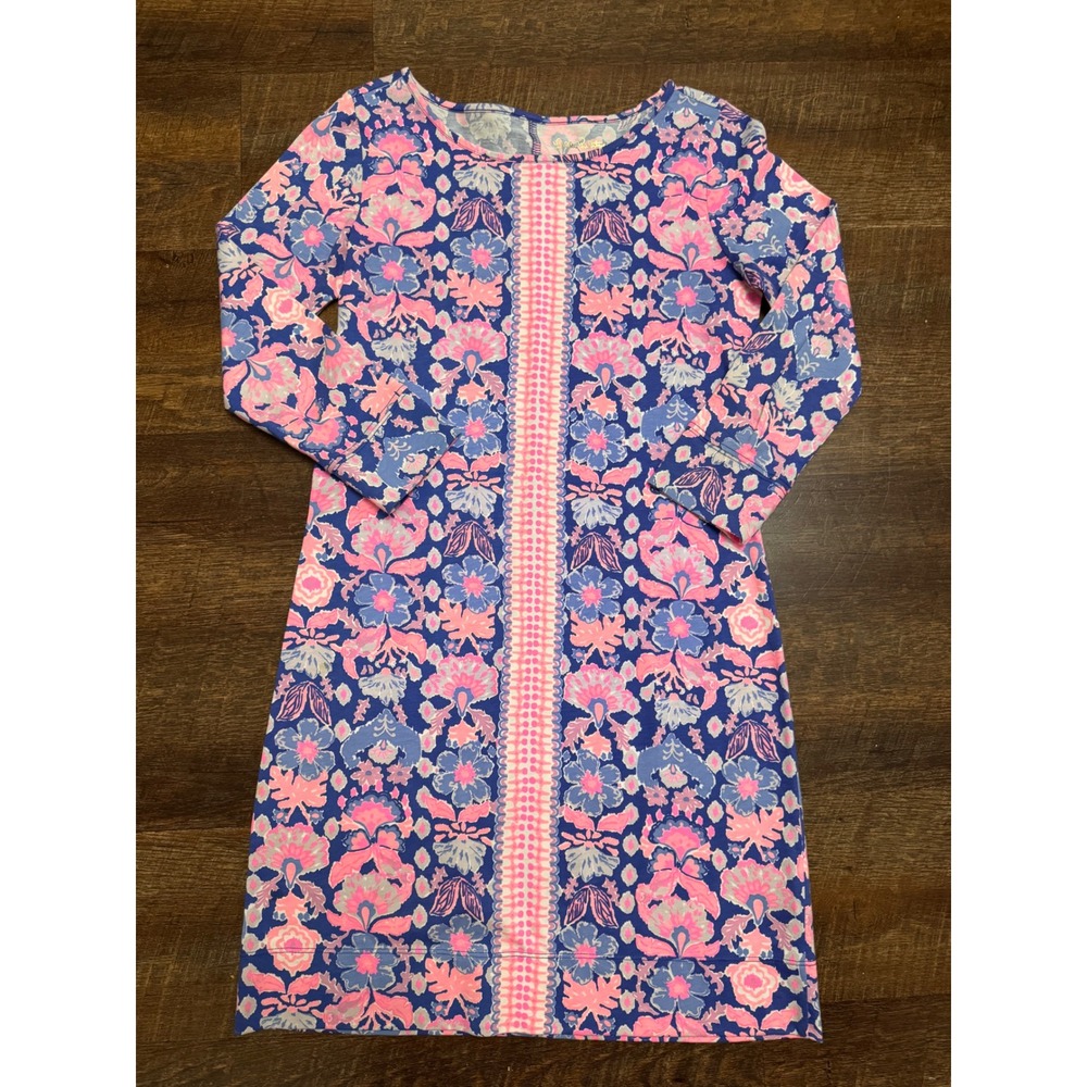 Lilly Pulitzer Floral Pima Cotton Long Sleeve Shift Dress XS Pink Navy